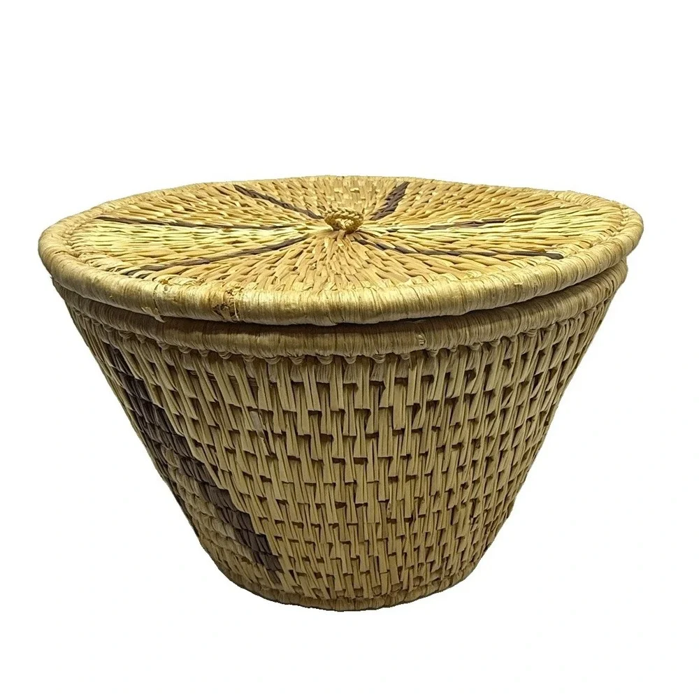 African Lidded Basket Handwoven Raffia Geometric Boho Afrohemian Decor Storage